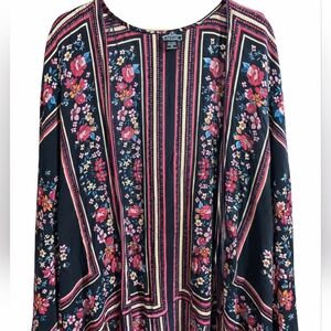 Angie Floral Boho Kimono Duster Black and Pink Sz Large